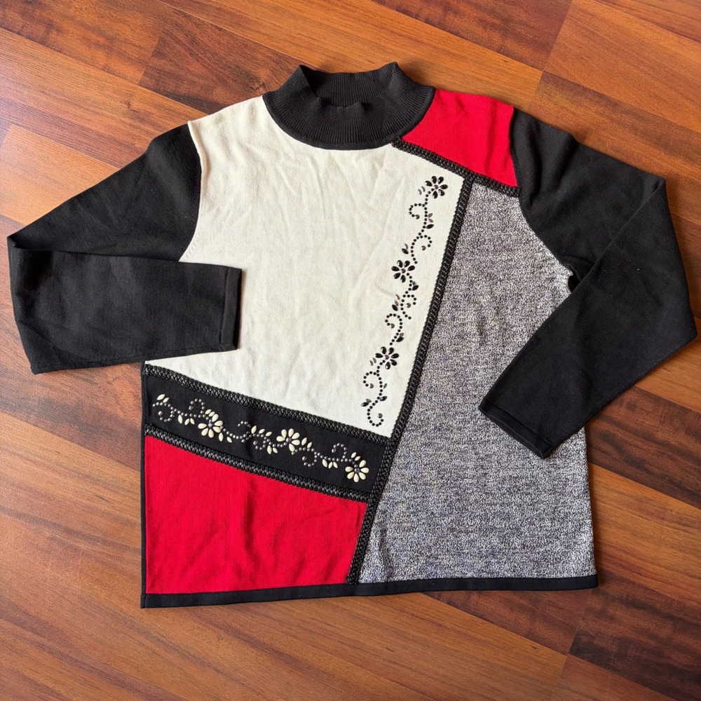 Alfred Dunner Petite Sweater Top Embellished Mock Neck Knitwear Pullover